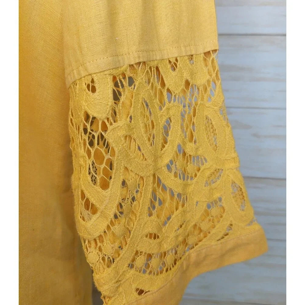 Chico's Women's Top Yellow Linen Lace Front Long Sleeve Tunic Shirt Blouse XL - Picture 9 of 14